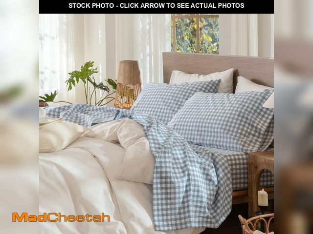 Lot 74-14383176 - MooMee Gingham Sheet Set 100% Washed Cotton Linen Like Textured Breathable Soft w/Fully Elasticized ...