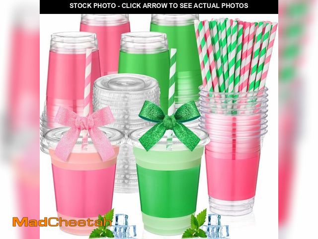 Lot 74-12713391 - Jingmore 50 Pcs Pink and Green Witch Party Disposable Plastic Cups 12 oz with Lids Straws Themed Par...