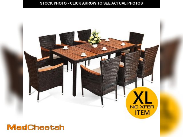 Lot 74-13649974 - Costway 9-Piece Wood Rectangle Outdoor Dining Set with Beige Cushions - UNUSED