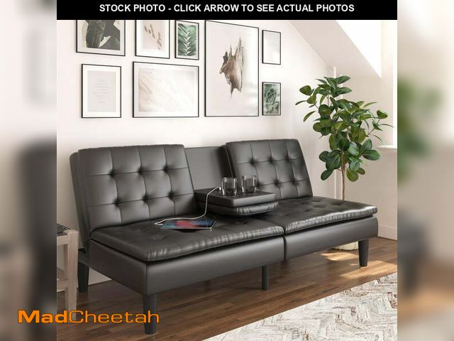 Lot 74-12565322 - Mainstays Memory Foam 71.5" Futon with Cupholder and USB, Black Faux Leather - UNUSED