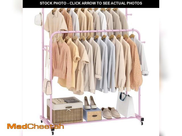 Lot 74-11552496 - Laiensia Double Rods Garment Rack with Wheels, Clothing Rack for Hanging Clothes,4 Hooks, Multi-Func...