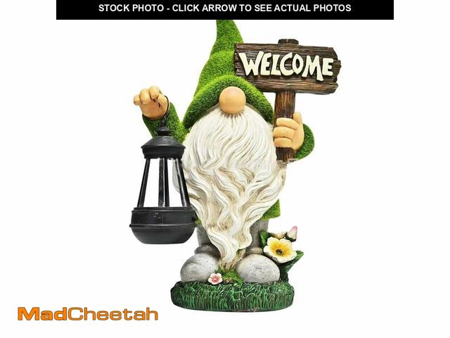 Lot 74-14150203 - Meagkka Garden Gnome Statue Outdoor Decor Large Flocked Resin Gnome Figurine with Solar Light Holdin...