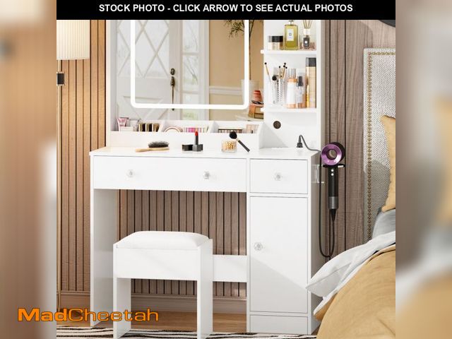 Lot 74-12421233 - Satifur White Vanity Desk , Makeup Table with Charging Station, Comfortable Bench, Big Vanity with 3...