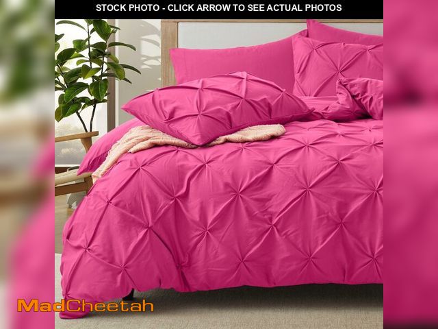 Lot 74-14154373 - VACVELT 5 Piece Pinch Pleated Duvet Cover Full/Queen Size Set, Hot Pink Pintuck Duvet Cover with Zip...