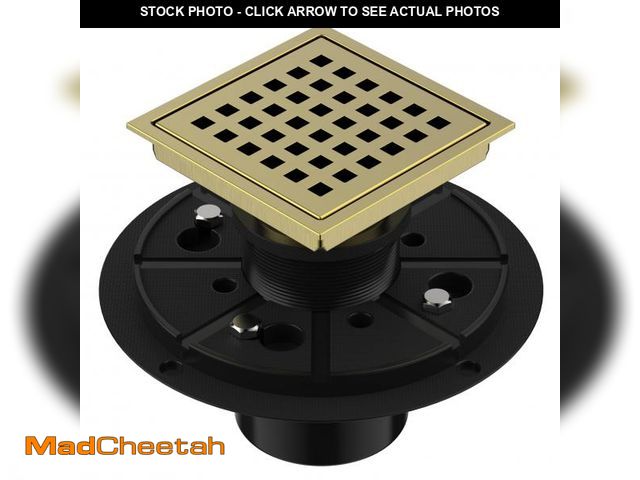 Lot 74-12215502 - EXF Square Shower Drain 4-3/8 Inch Brushed Gold, Stainless Steel Shower Floor Drain Kit with ABS Fla...