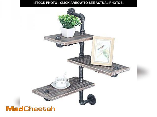 Lot 74-12044070 - MBQQ Industrial Pipe Wall Mount 3-Tier Bookshelf, Metal &amp; Wood Corner Shelves, DIY Storage, Rust...