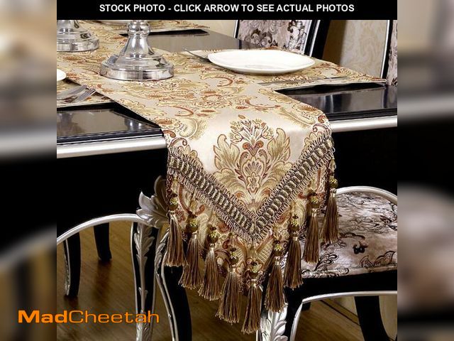 Lot 74-14479417 - OZXCHIXU European Jacquard Fabric Multi-Tassels Table Runner (14x36 inch, Khaki) - UNUSED
