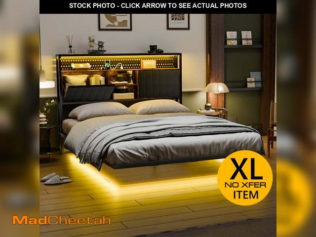 Lot 74-13608124 - Zimtown Queen Floating Bed Frame, Platform Bed with Charging Station, No Box Spring Needed, Black - ...