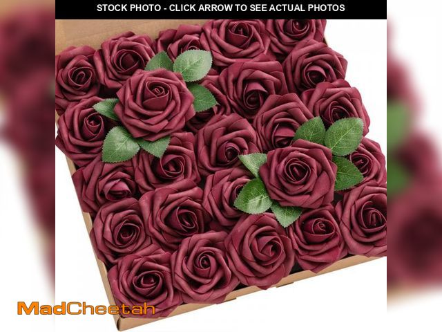 Lot 74-12309427 - Ling's Moment Artificial Flowers 25Pcs Burgundy Roses Decor w/Stems,3" Real Touch DIY Foam Floral fo...