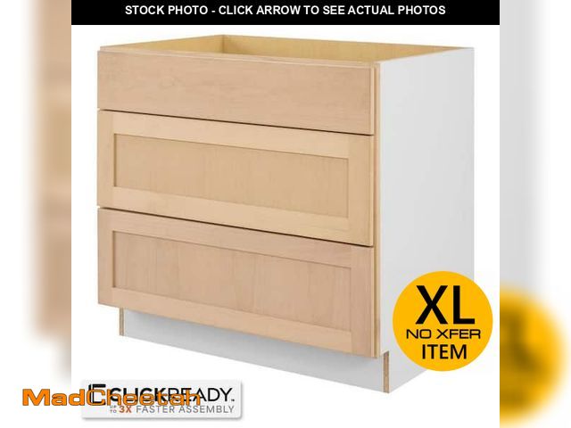 Lot 74-14393461 - Hampton Bay 36 in. W x 24 in. D x 34.5 in. H Ready to Assemble Drawer Base Kitchen Cabinet in Unfini...