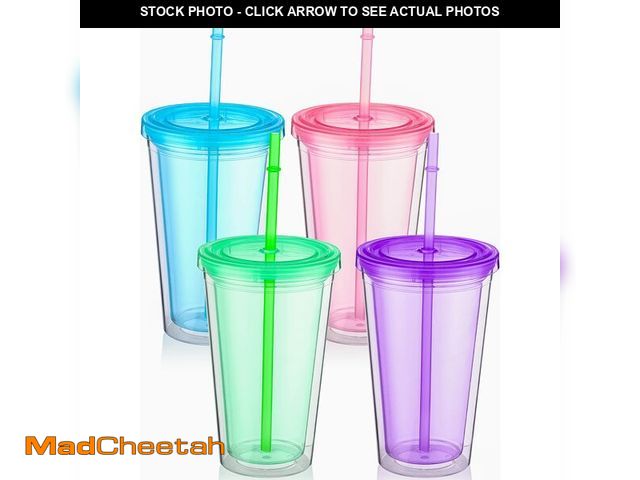 Lot 74-14211926 - Nuogo 4 Pieces Insulated Double Wall Plastic Tumbler with Lids and Straws Reusable Transparent Plast...