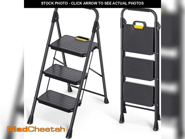 Lot 74-12096283 - KINGRACK 3 Step Ladder, Sturdy Steel Step Stool with Anti-Slip Wide Pedals, Handrail, Safe-Lock Desi...