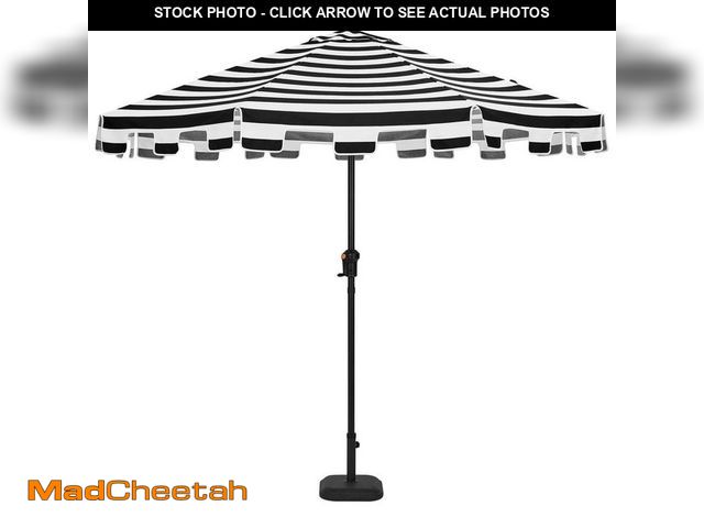 Lot 74-14306250 - Hampton Bay 9 ft. Aluminum Market Crank and Auto-Tilt Patio Umbrella in Cabana Black and White Strip...