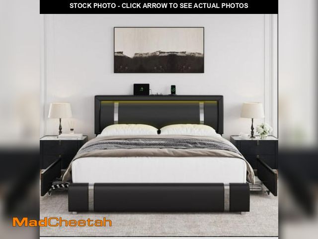 Lot 74-12269695 - Homfa Queen Size LED Bed Frame with 2 Storage Drawers  Modern Leather Upholstered Platform Bed Frame...