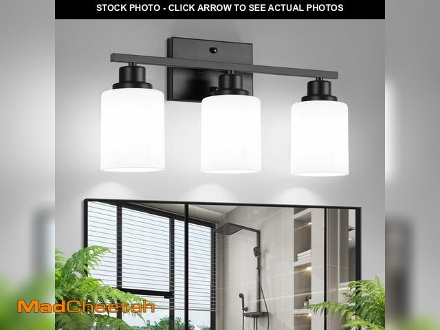 Lot 74-13958015 - Ascher Bathroom Light Fixtures, 3-Light Vanity Light Over Mirror, Black Wall Sconces with Milky Whit...
