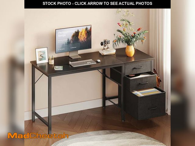 Lot 74-12779333 - 48 inch Computer Desk with 3 Fabric Drawers &amp; Storage Bag, Home Office Desk with File Cabinet, W...