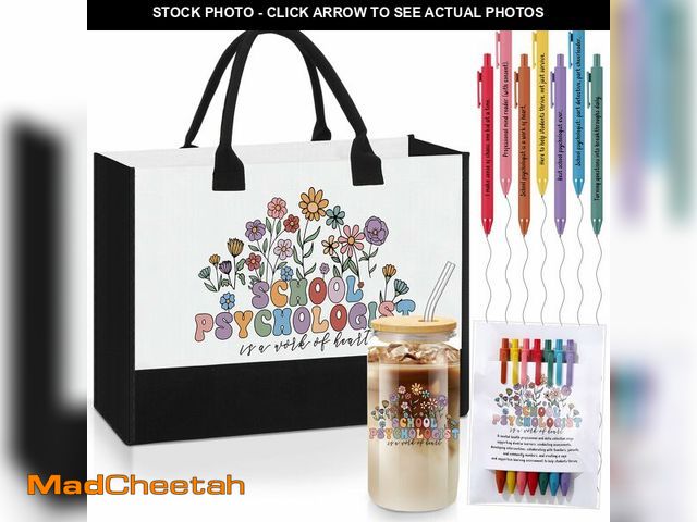 Lot 74-13951731 - LemonRoad 11 Pcs School Psychologist Gifts Canvas Tote Bag 17 oz Glass Cup 7 Days of The Week Pens I...