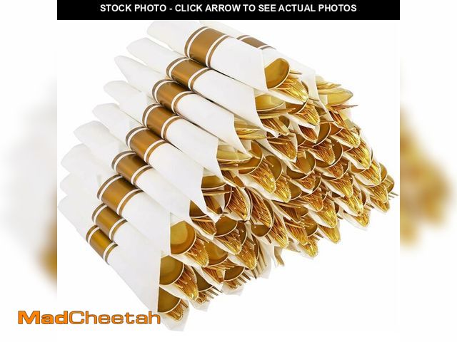 Lot 74-14381914 - Joyido 50Guests Pre Rolled Gold Plastic Silverware Sets - Heavy Duty Gold Cutlery - Include 50 Pack ...