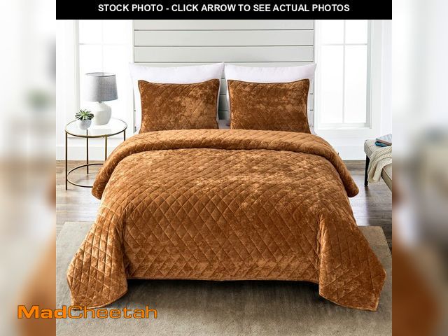 Lot 74-14208787 - Fredsure Distressed Velvet Quilt Set, 3 Pieces Caramel Gold Queen, Distressed Velvet Face and Brushe...