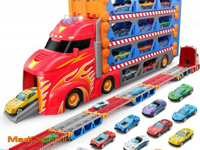 Lot 74-12332351 - SYNCFUN Toddler Race Car Toys, Kids Race Track Truck Toy, 96" Foldable 3 Layer Carrier Truck with 12...