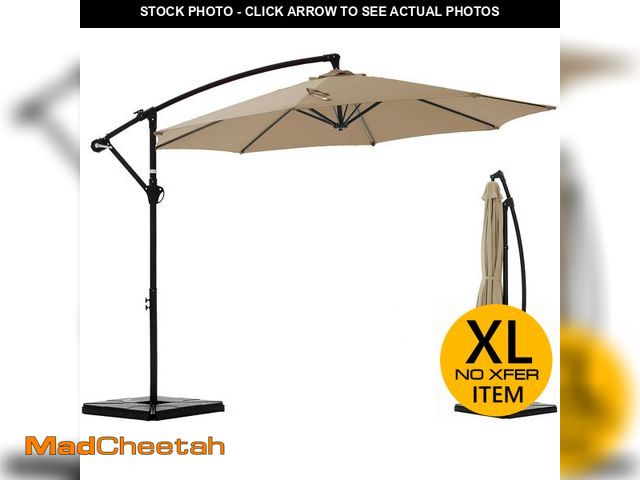 Lot 74-13789003 - Sweetcrispy 10-ft Iron Tan Slide-Tilt Cantilever Patio Umbrella with Base - UNUSED