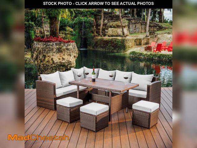 Lot 74-12492030 - HEARTH &amp; HARBOR 7-Piece Brown Wicker Patio Outdoor Dining Sofa Set - UNUSED