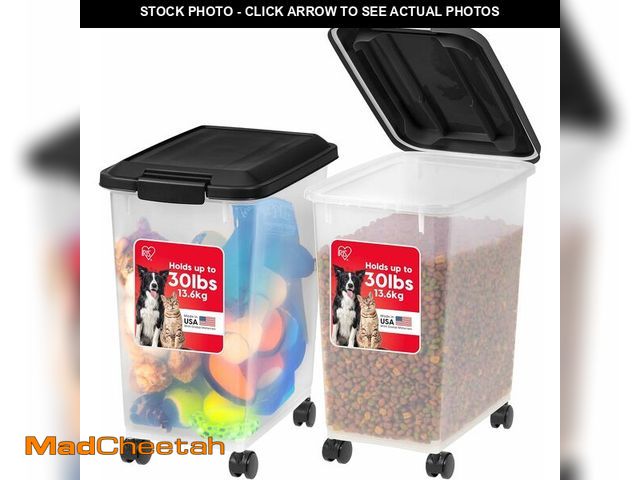 Lot 74-12827887 - IRIS USA Dog Food Storage Container, 2 Pack, Up to 30 lbs Each, Airtight Seal for Freshness, Wheels ...