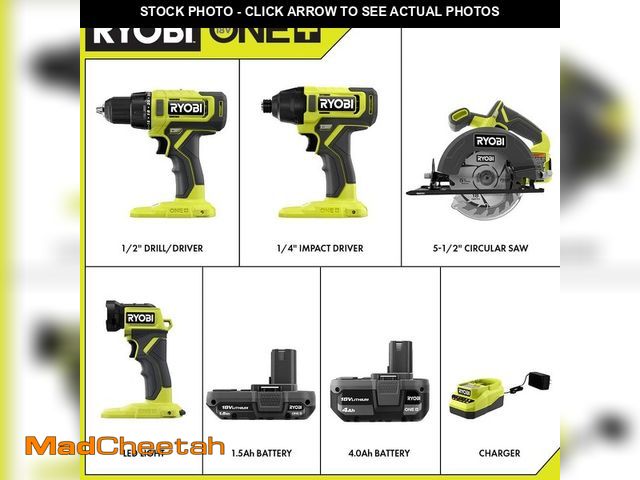 Lot 74-12683402 - RYOBI ONE+ 18V Cordless 4-Tool Combo Kit with 1.5 Ah Battery, 4.0 Ah Battery, and Charger - UNUSED