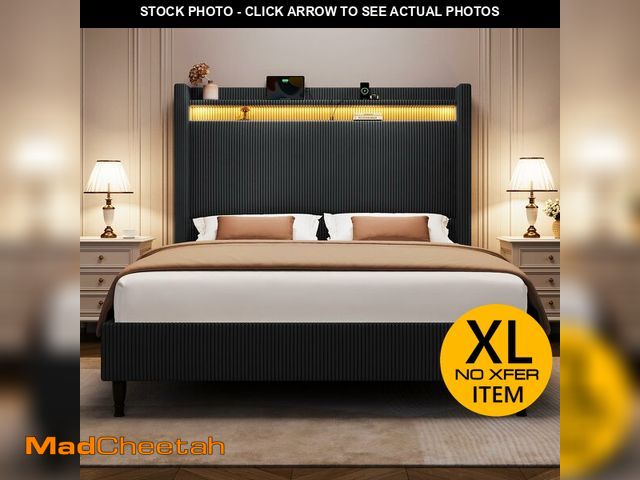 Lot 74-13118903 - Queen Size Bed Frame with Tall Headboard, 55.3" Upholstered Platform Bed with LED Lights &amp; Charg...