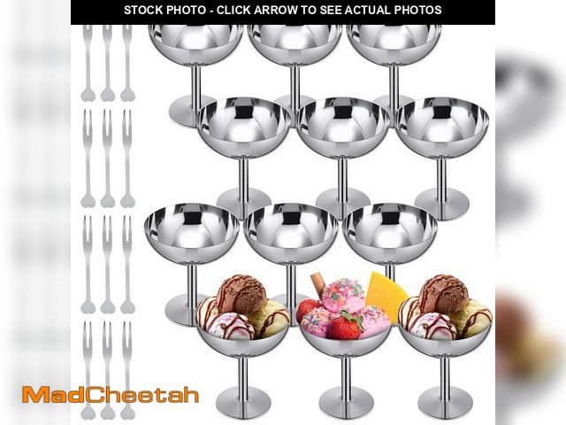 Lot 74-13953741 - Reallnaive 12 Sets Stainless Steel Ice Cream Cups Bulk Silver Dessert Bowls with Forks 6.7 oz Small ...