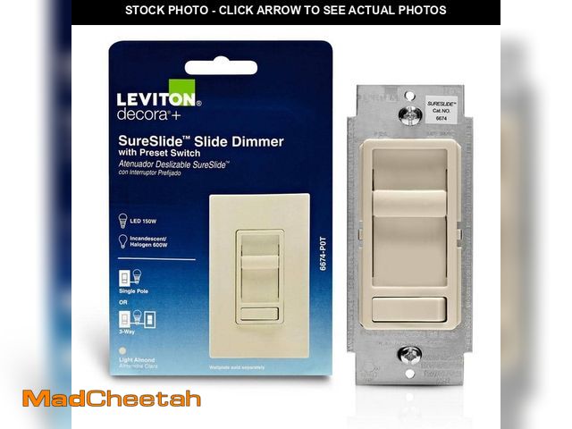 Lot 74-13051124 - Leviton SureSlide Dimmer Switch for Dimmable LED, Halogen and Incandescent Bulbs - Light Almond 6674...