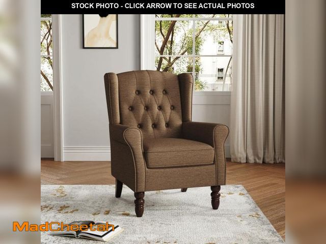 Lot 74-12360003 - Uixe Modern Brown Linen Upholstered Button High Back Accent Arm Chair With Wood Legs (Set of 1) - UN...