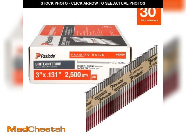 Lot 74-14073521 - 3 in. x 0.131-Gauge 30-Degree Brite Smooth Shank Paper Tape Framing Nails (2500 per Box) - UNUSED