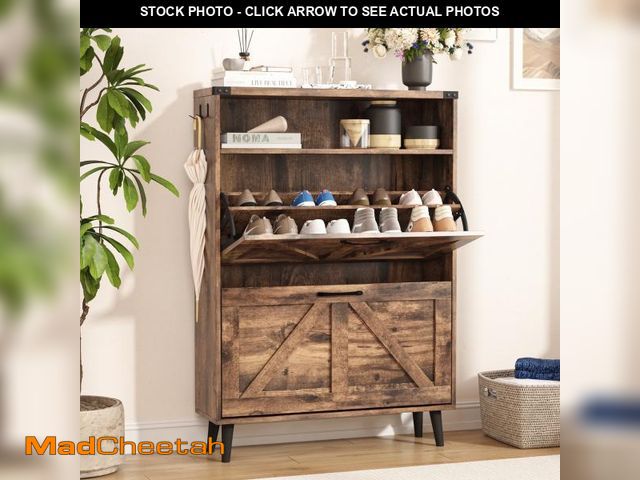 Lot 74-12515353 - Veanerwood Farmhouse Freestanding Shoe Cabinet with 2 Flip Drawers for Entryway, Brown - UNUSED