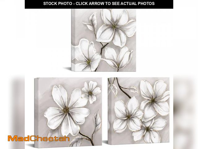 Lot 74-12220509 - sechars White Flower Canvas Wall Art Beige and Gold Bathroom Decor Floral Painting Picture Artwork f...