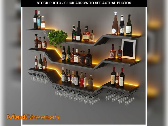 Lot 74-12785101 - 63in Modern LED Wine Rack Wall Mounted, 3-Tier Floating Bar Shelves with Wine Glass Rack, Large Hang...