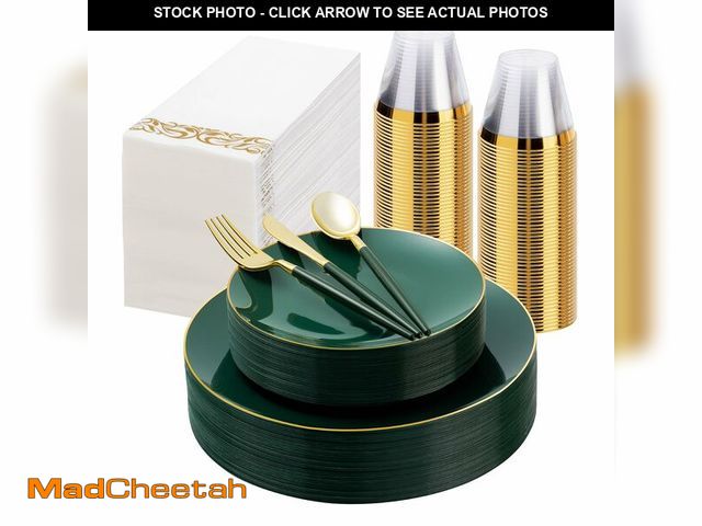 Lot 74-13565067 - 175 Pieces Green Gold Plastic Dinnerware Set, Gold Disposable Plates for Party, Include 50 Green Pla...