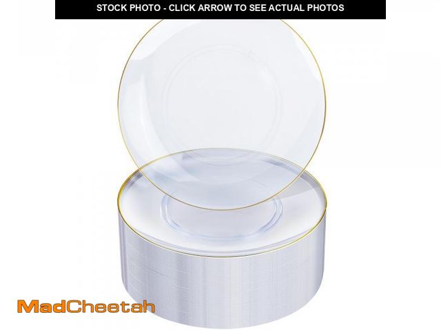 Lot 74-11554195 - Nervure 100 Pieces Clear and Gold Plastic Plates - 10.25inch Gold Dinner Plate - Heavyweight Clear D...