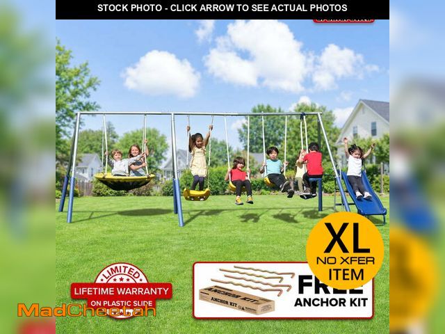 Lot 74-14604474 - Sportspower Swing and Play Galvanized Metal Swing Set with 2 Swings, Standing Swing, Roman Glider, 3...