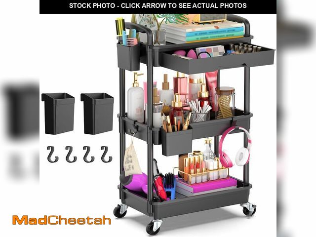 Lot 74-14297536 - Goovilla 3 Tier Rolling Utility Cart Organizer with Removable Drawer, Stable and Sturdy Black Rollin...