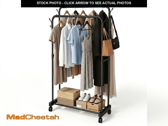 Lot 74-14586851 - Clothes Rack Clothing Rack Heavy Duty Rolling Clothes Rack, Double Rod Garment Rack with Wheels, Met...