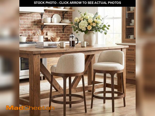 Lot 74-14593164 - Harper &amp; Bright Designs 26.65 in. Seat H Walnut and Beige Solid Wood Frame Round Counter Stools ...