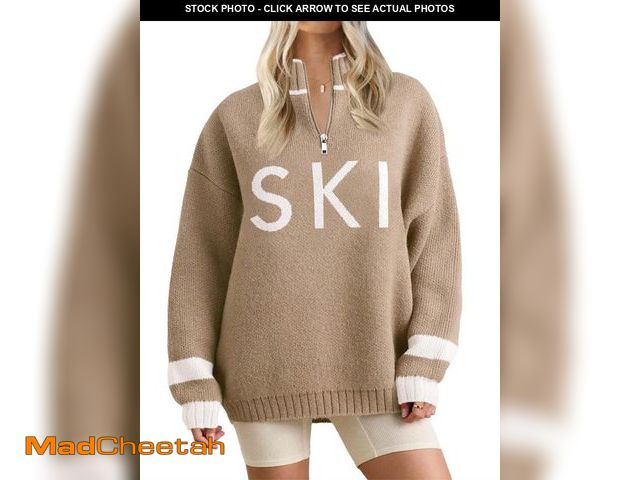 Lot 74-12358845 - Zwurew Womens Ski Sweater Quarter Zip Pullover Sweaters for Women 2024 Khaki and White Striped Knit ...