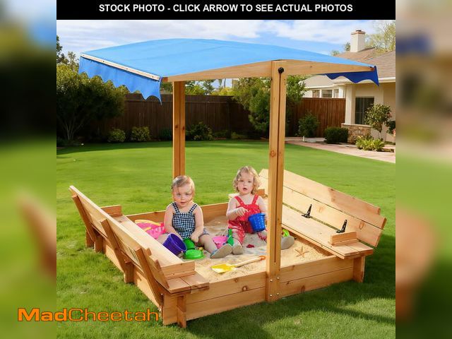 Lot 74-13817782 - FUNTOK Wooden Sandbox with Cover &amp; Canopy Adjustable in Height Angle, 48x48" Sand Box for Kids w...