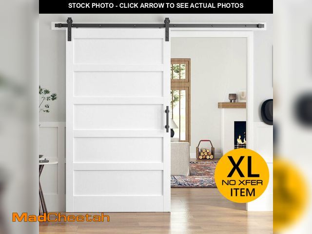 Lot 74-13650819 - ROYMELO 48x80 Inch White Sliding Barn Door Slab with 8ft Hardware Kit Included, 5-Panel, MDF Wood Pa...