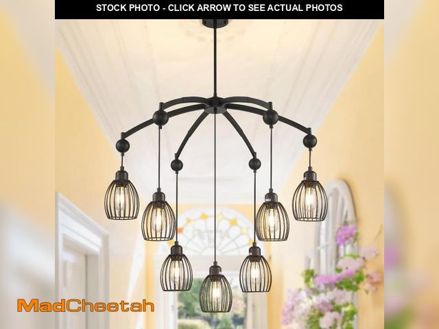 Lot 74-12417315 - 7-Light Industrial Black Farmhouse Chandeliers Large Modern Cage Pendant Light Fixture Rustic Hangin...