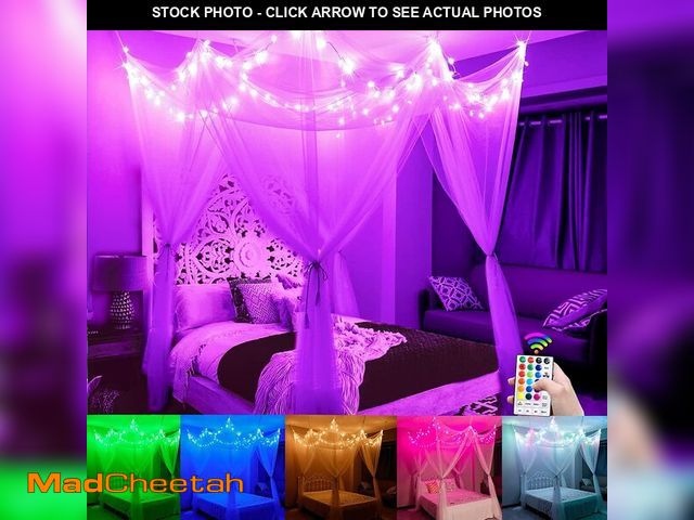 Lot 74-13631836 - White Bed Canopy with Star Lights Girls Bedroom, 8 Corners Post Hanging Princess Canopy Bed Curtains...