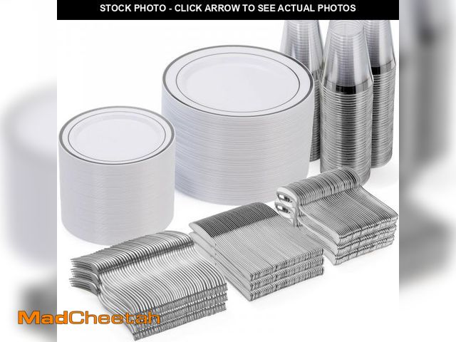 Lot 74-12049478 - Goodluck 600 Piece Disposable Silver Plates for 100 Guests, Plastic Dinnerware Set of 100 Dinner Pla...
