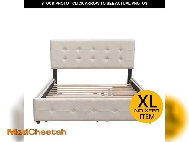 Lot 74-13931709 - Upholstered Platform Bed with 2 Drawers and 1 Twin XL Trundle, Linen Fabric, Queen Size (Beige) - UN...