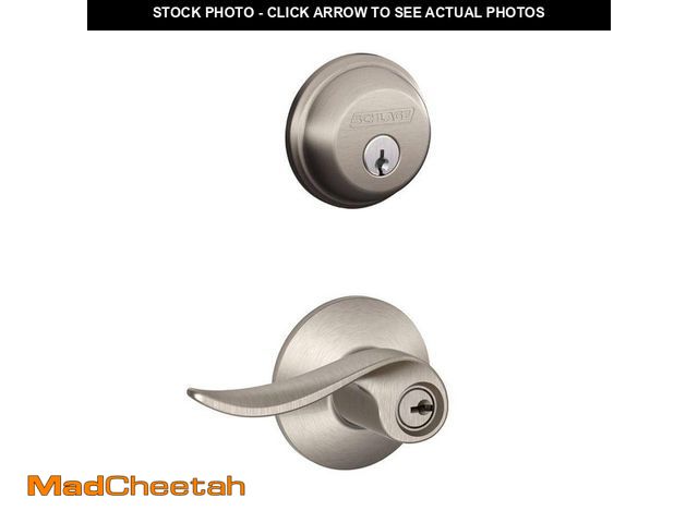 Lot 74-14280971 - Schlage Sacramento Satin Nickel Single Cylinder Deadbolt and Keyed Entry Door Handle Combo Pack - UN...